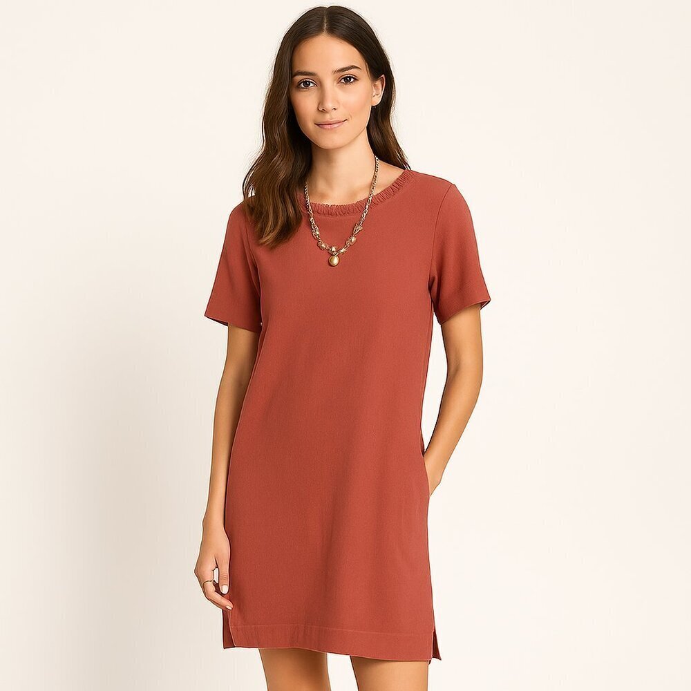 Raquel Allegra Rust Red Fringe Neck Cotton Boho Minimalist Dress